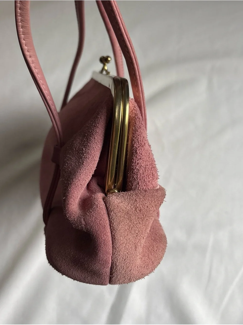 American Vintage Pink Suede Frame Clutch with Gold Trim